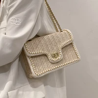 weave square crossbody bag 2021 summer new high quality straw womens designer handbag pearl chain shoulder messenger bag purses