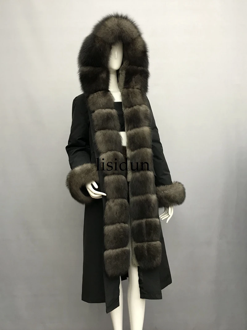 Женская парка на кроличьем меху LISIDUN серебристая куртка с капюшоном и подкладкой