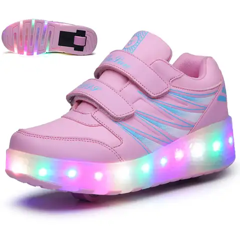 Детские светящиеся кроссовки с двумя колесиками, золотистые Розовый Светодиодный светильник, обувь для роликовых коньков, светодиодная об...