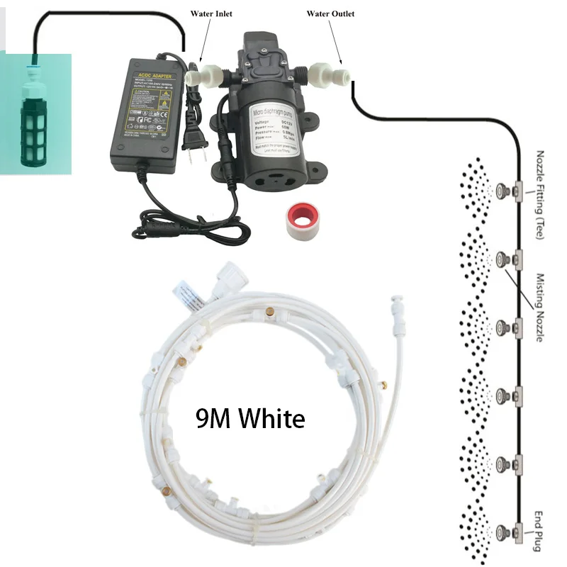 White 9M Kit 6 м-18 м садовая система водяного тумана система охлаждения водяного тумана распылитель для орошения запотевание для зеленых цветов - Цвет: White 9M Kit