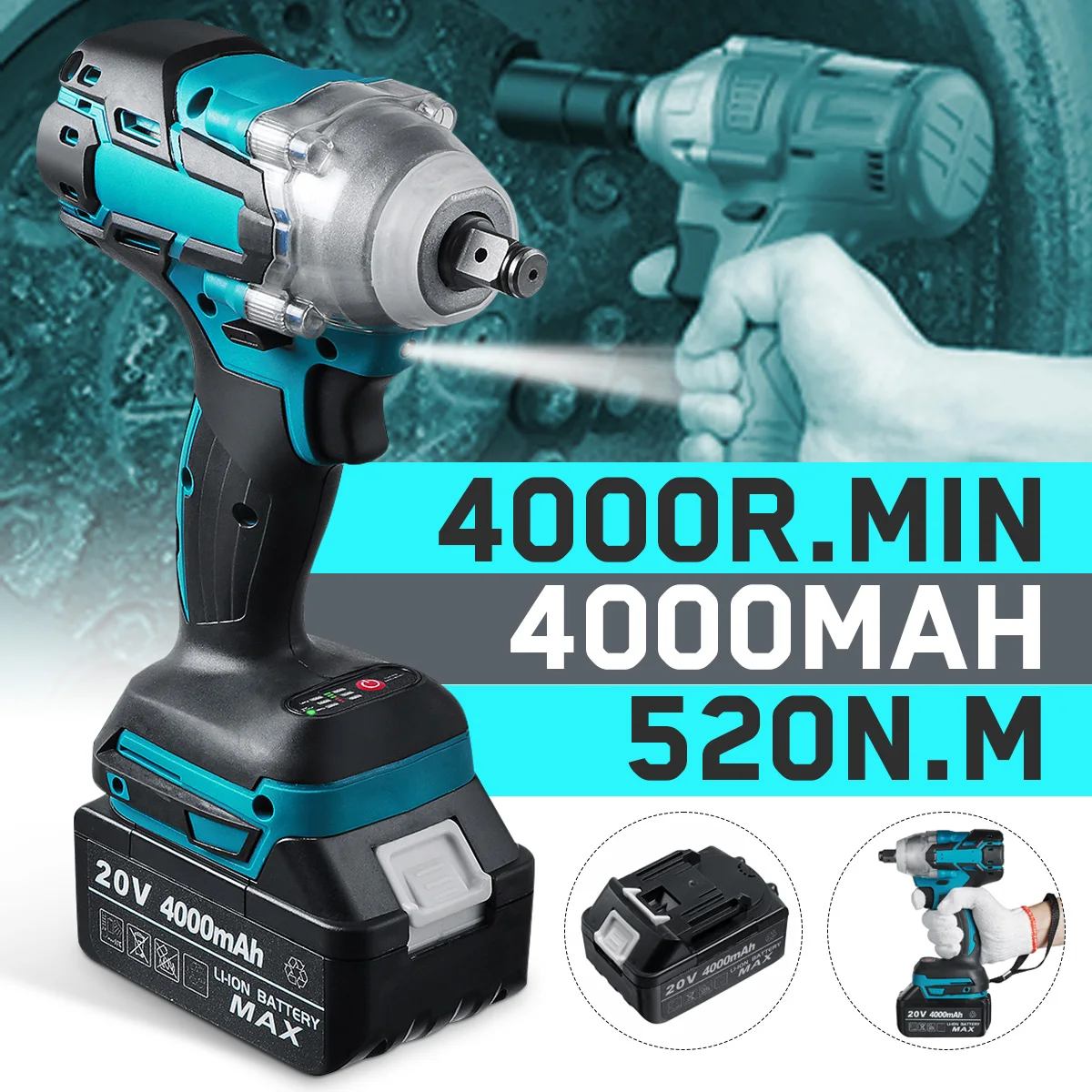 

20V Brushless Electric Impact Wrench 520N.m Rechargeable 1/2 Socket Cordless Wrench Screwdriver Power Tools for Makita Battery