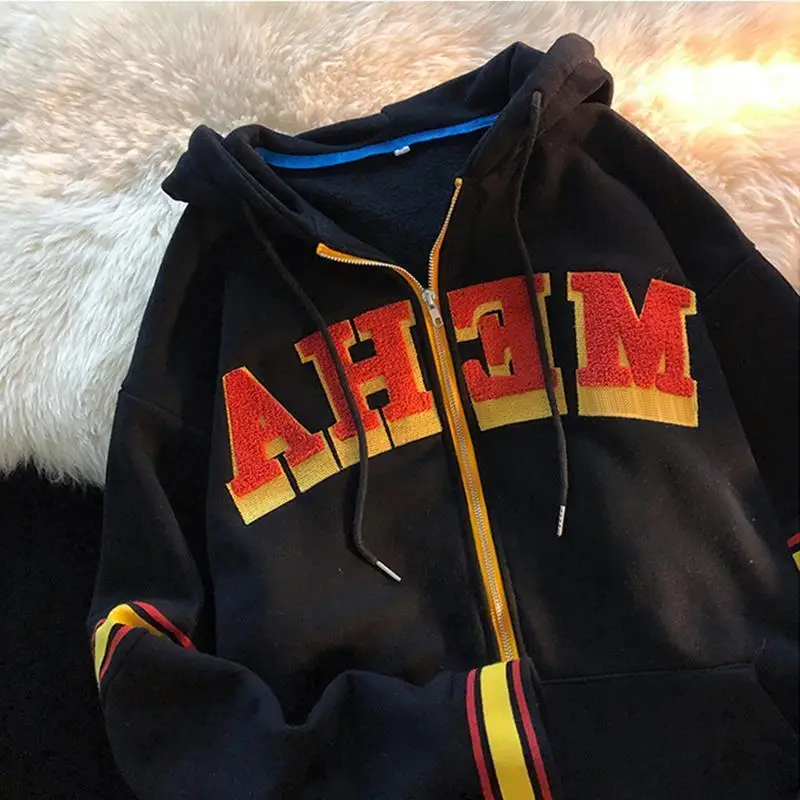 

American street letters plus velvet padded casual loose Korean cardigan sweater women's new super fire hooded jacket oversize