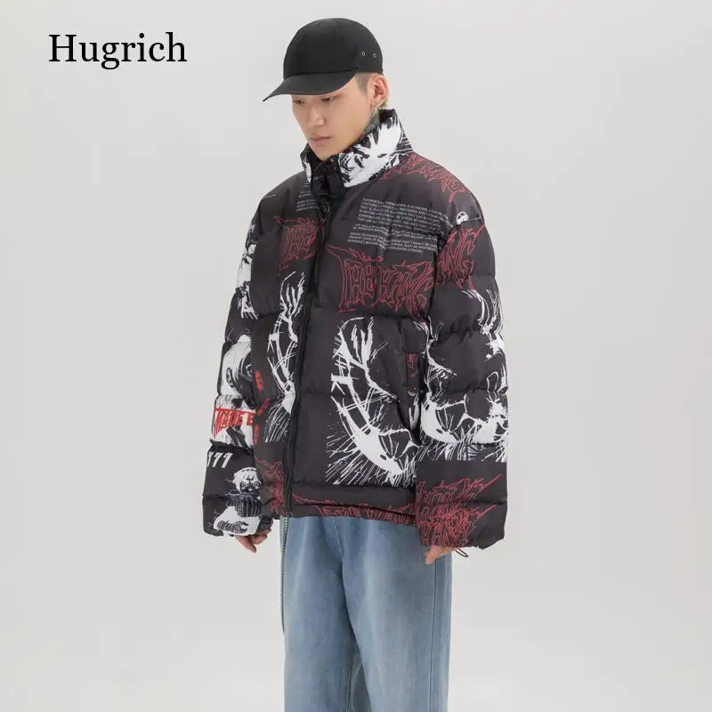 Пуховик с японским мультяшным принтом граффити Мужская Толстая парка зимняя