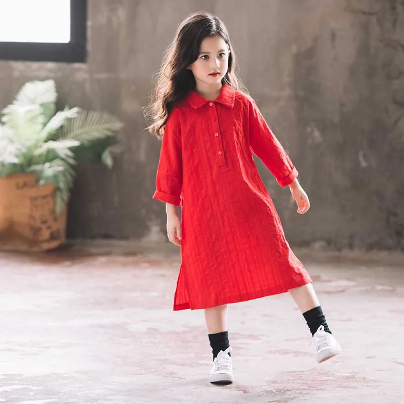 Платье для девочек 2019 г. повседневные платья-рубашки с длинными рукавами и