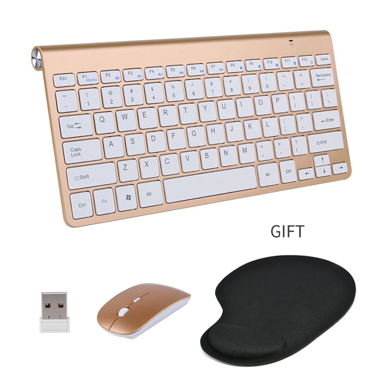 Gold KeyboardMouse Портативная беспроводная клавиатура Klavye для Mac, ноутбук, tv box, 2,4G, мини-клавиатура, мышь, набор, офисные принадлежности для IOS, Android, Win 7 10 - Цвет: Gold KeyboardMouse