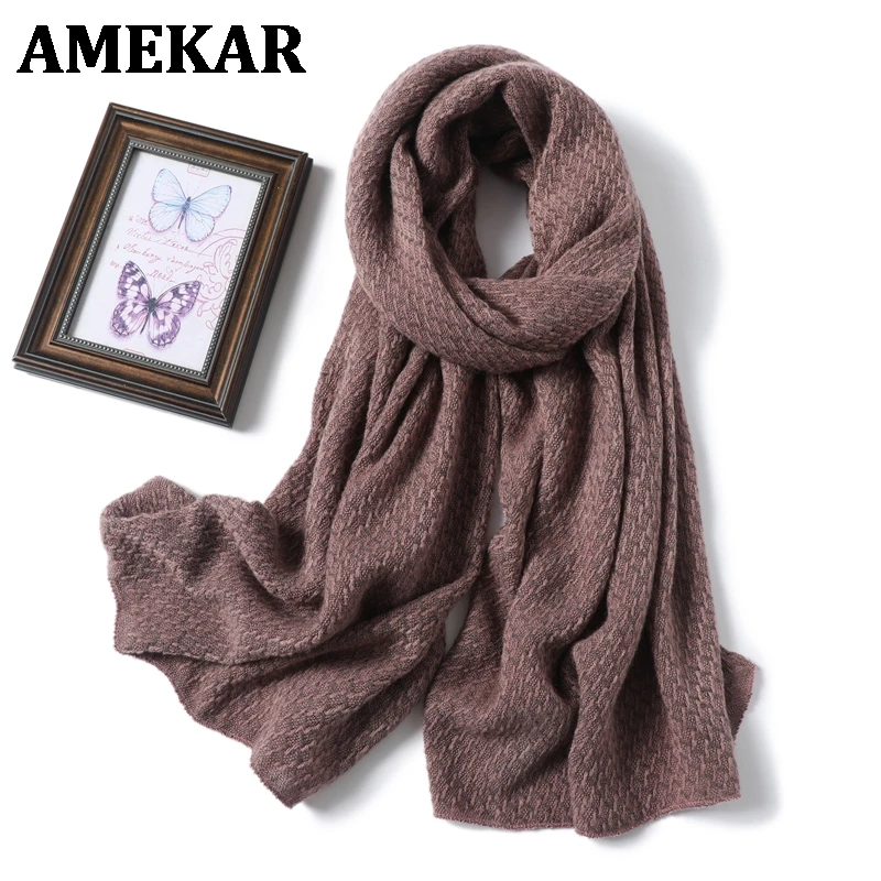 

2021 Winter Scarf Women Solid Cashmere Knitted Pashmina Thick Shawls Lady Wraps Female Warm Foulard Neck Scarves Tow Side