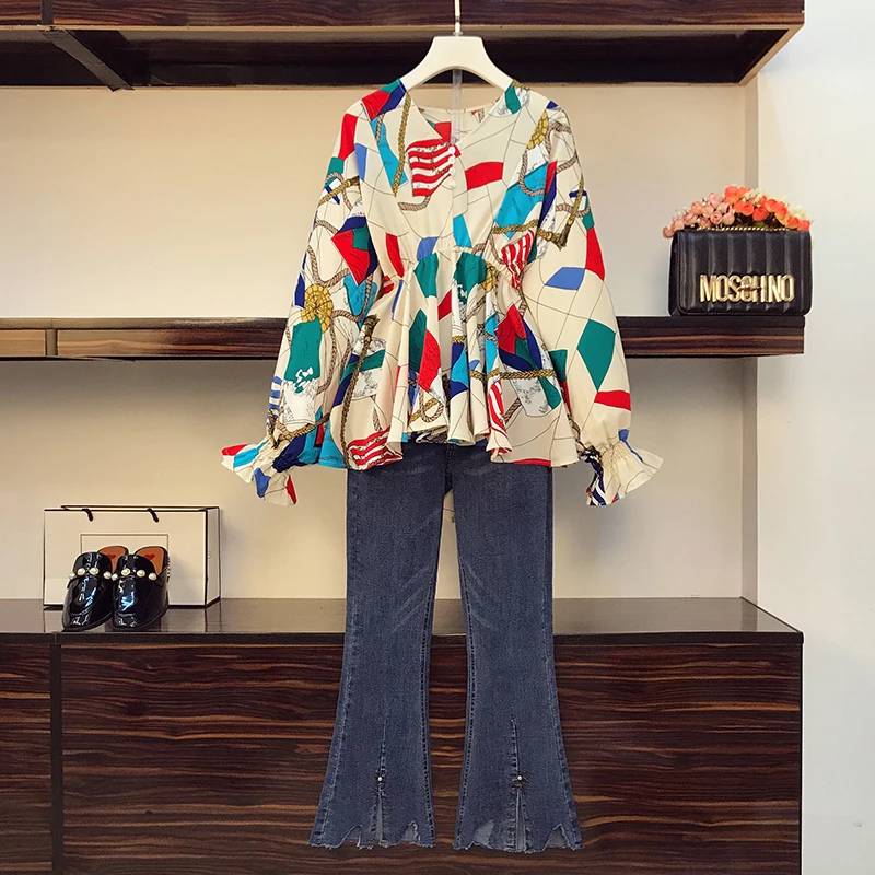 Женский офисный костюм размера плюс 4XL Цветочная рубашка и джинсовые брюки