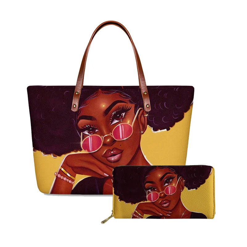 

HYCOOL Purses and Handbags Black Art Afro Girls Printing Women Shoulder Tote Hand Bag Coin Card Holder Wallet Women Big Bags