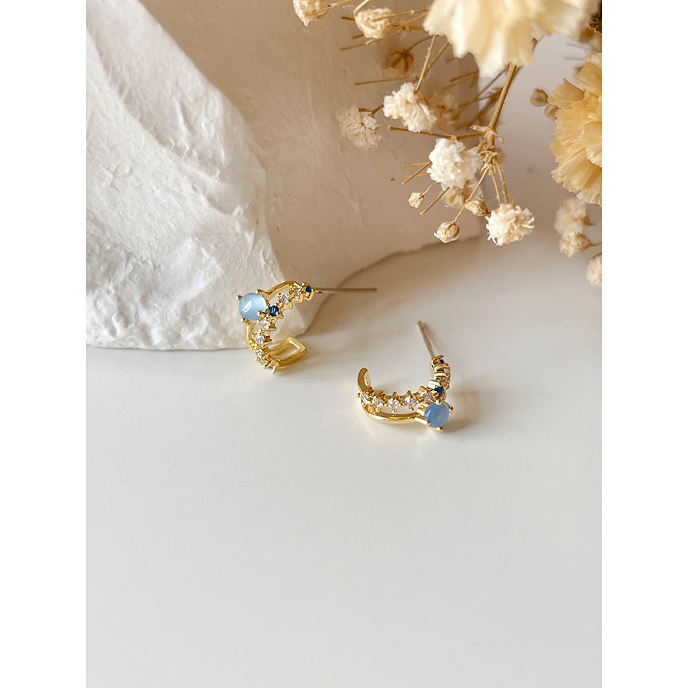 

Peri'sBox French Blue Opal Zircon C Shaped Hoop Earring For Women Small 2 Layers Cz Huggie Earrings Exquisite Jewelry Trend