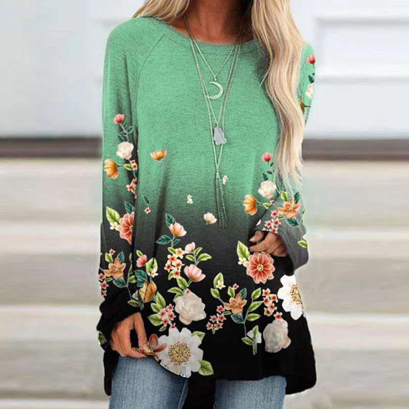 

New Spring Autumn Women's Shirt Long-sleeve O-neck Loose Clothing Retro Fashion Printing Vintages Ladies Long T-shirts Plus 5XL