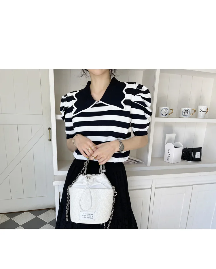 

Summer Vintage Women Knitted T-Shirts Turn-Down Collar Puff Short Sleeve Casual Slim Knit Stripes Tees Korean Thin Ice Silk Tops