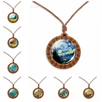 fashion simple design wood jewelry van gogh starry night sunflowers glass cabochon wood pendant necklace for friends gifts