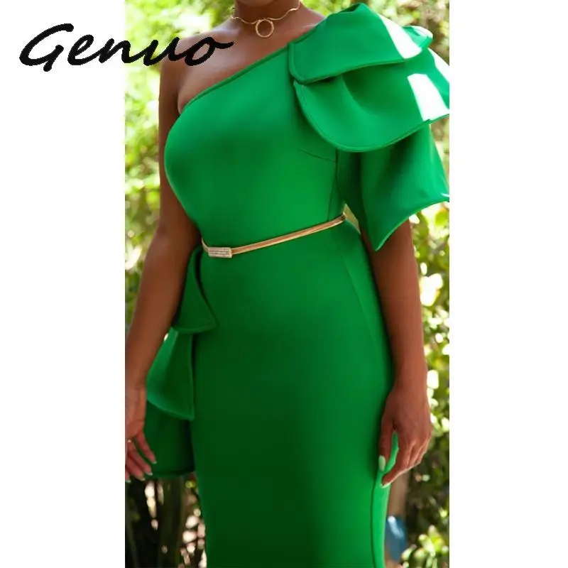 2019 Women Bodycon Dress One Shoulder Backless Green With Ruffles Sexy Lady Party Club Wear Dinner Evening Slim Tunic Femme Robe