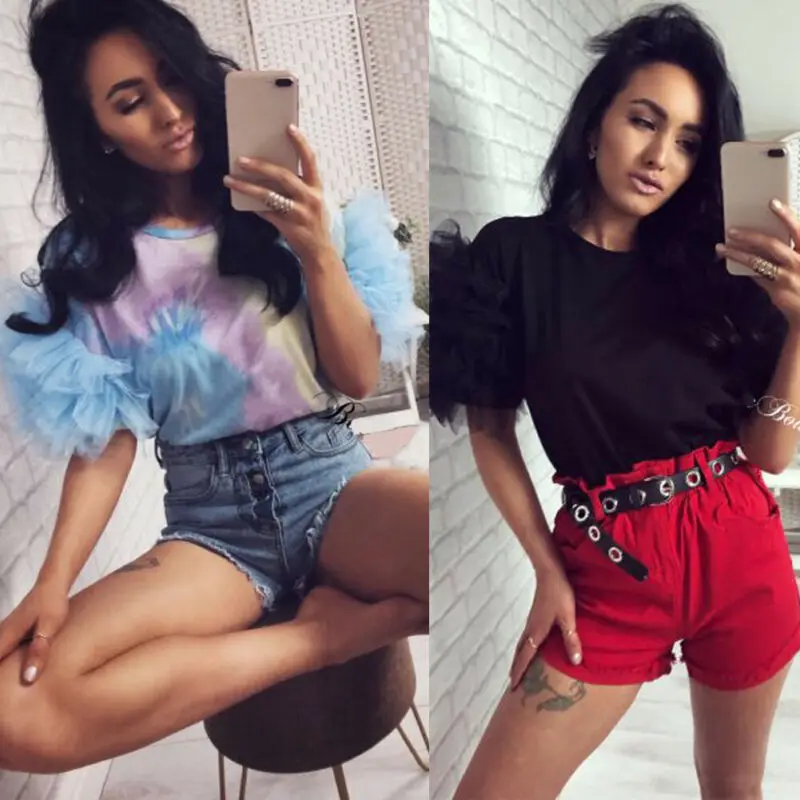 Женская летняя футболка с оборками и коротким рукавом женские свободные