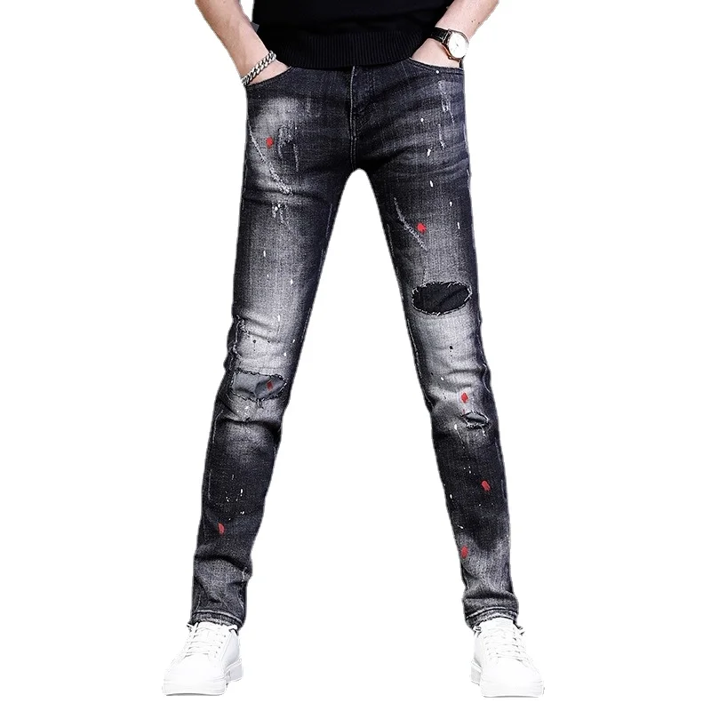 2022 Summer Black Ripped Patch Jeans Men Streetwear Dots Printed Pencil Pants Fashion Casual Slim Fit Denim Trousers