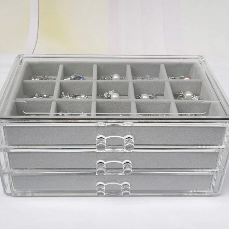 

Three-Drawing Multi-Frame Acrylic Flannel Storage Box Jewelry Necklace Finishing Box Earrings Ring Display Stand Tray