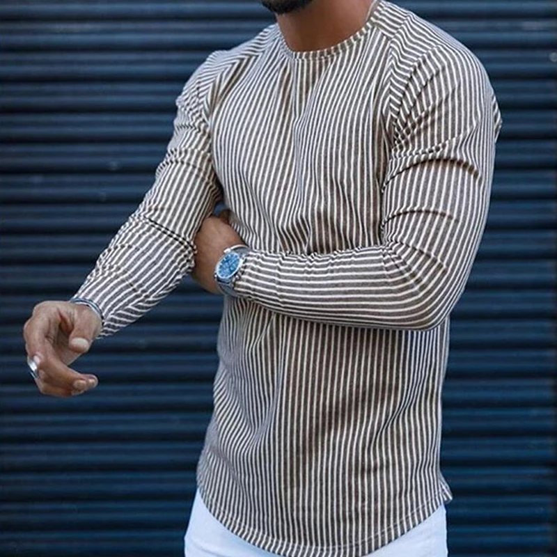 Casual Long Sleeve Plaid Print T-Shirt Men Autumn Fashion O-Neck Pullover Spring Male Plus Size Striped Top Tee Streetwear image 2