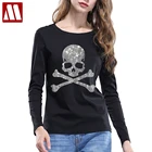Женская футболка со стразами, осенняя облегающая хлопковая футболка с длинным рукавом и принтом черепа, модная одежда большого размера