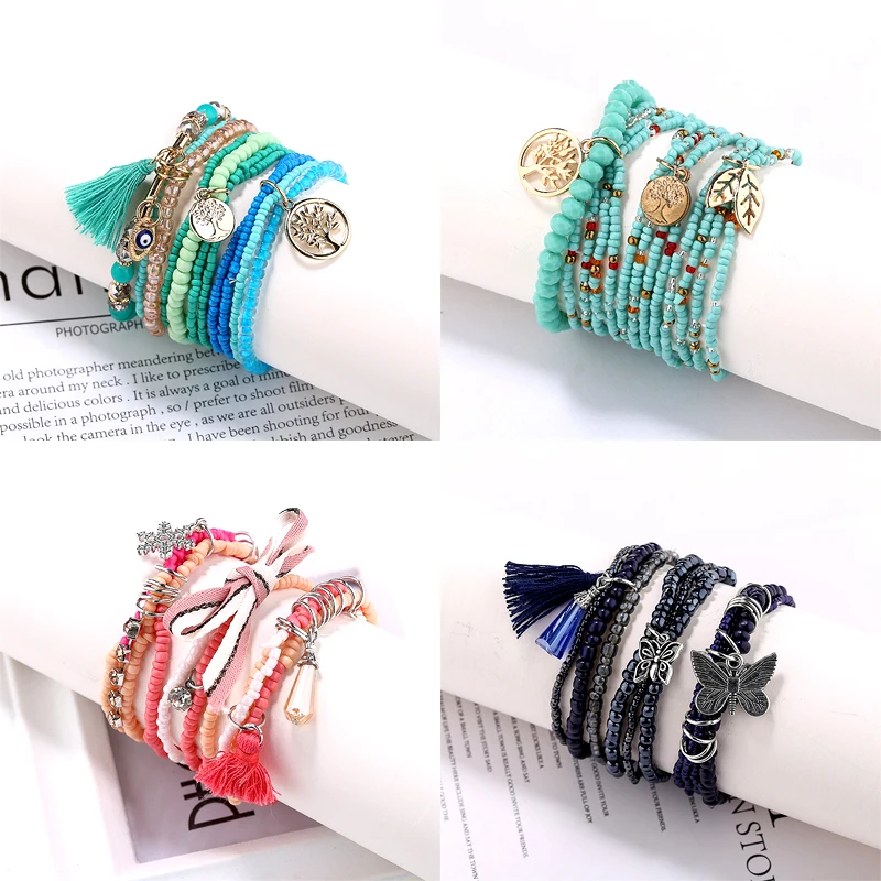 

Bohemia Tassel Charm Beads Heart Butterfly Bracelets Set For Women Life Tree Multilayer Wrap Bracelet Wristband Jewelry Bijoux