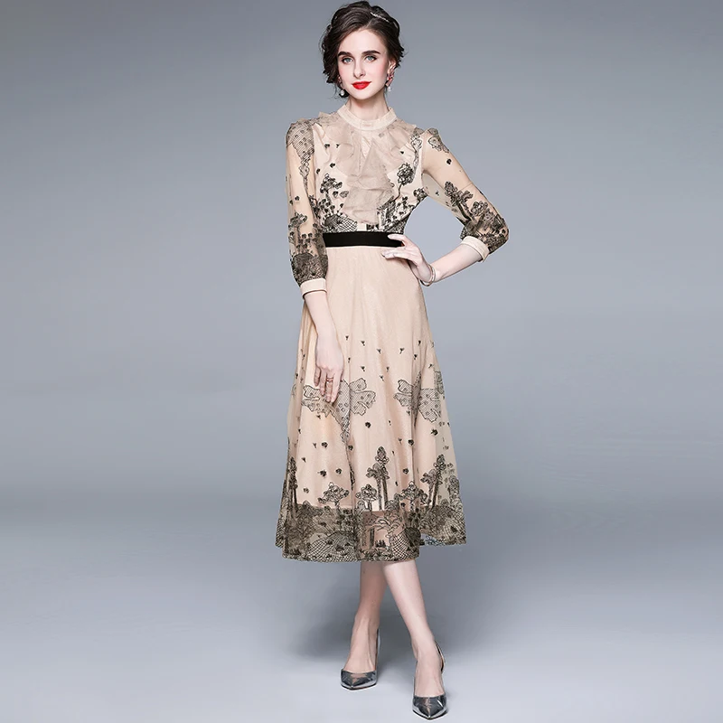 

Fashion Runway Midi Dress Summer Women's Dress Half Sleeve Ruffles Lace Floral Embroidery Mesh Dress Vestidos K6717