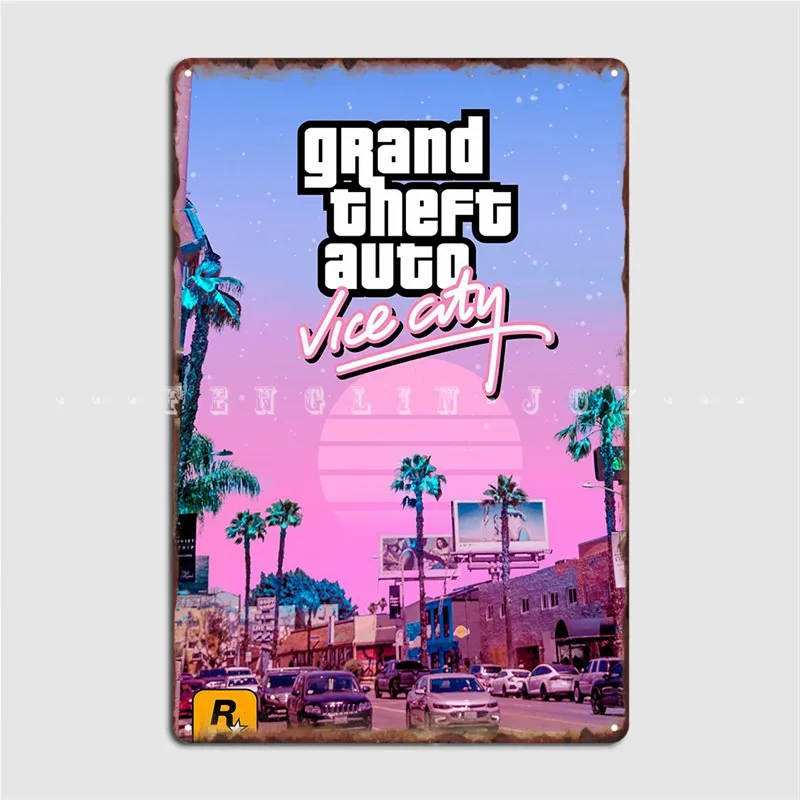 

Retro Gta Vice City 90s Metal Sign Cinema Garage Cave Pub Personalized Wall Decor Tin Sign Poster