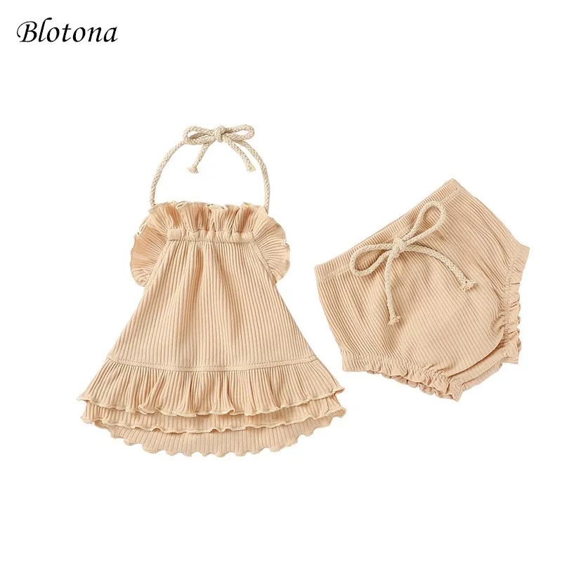 

Blotona/Новинка, 2 предмета, милые однотонные топы с открытой спиной и бретелькой на шее для маленьких девочек + шорты с оборками на завязках лет...