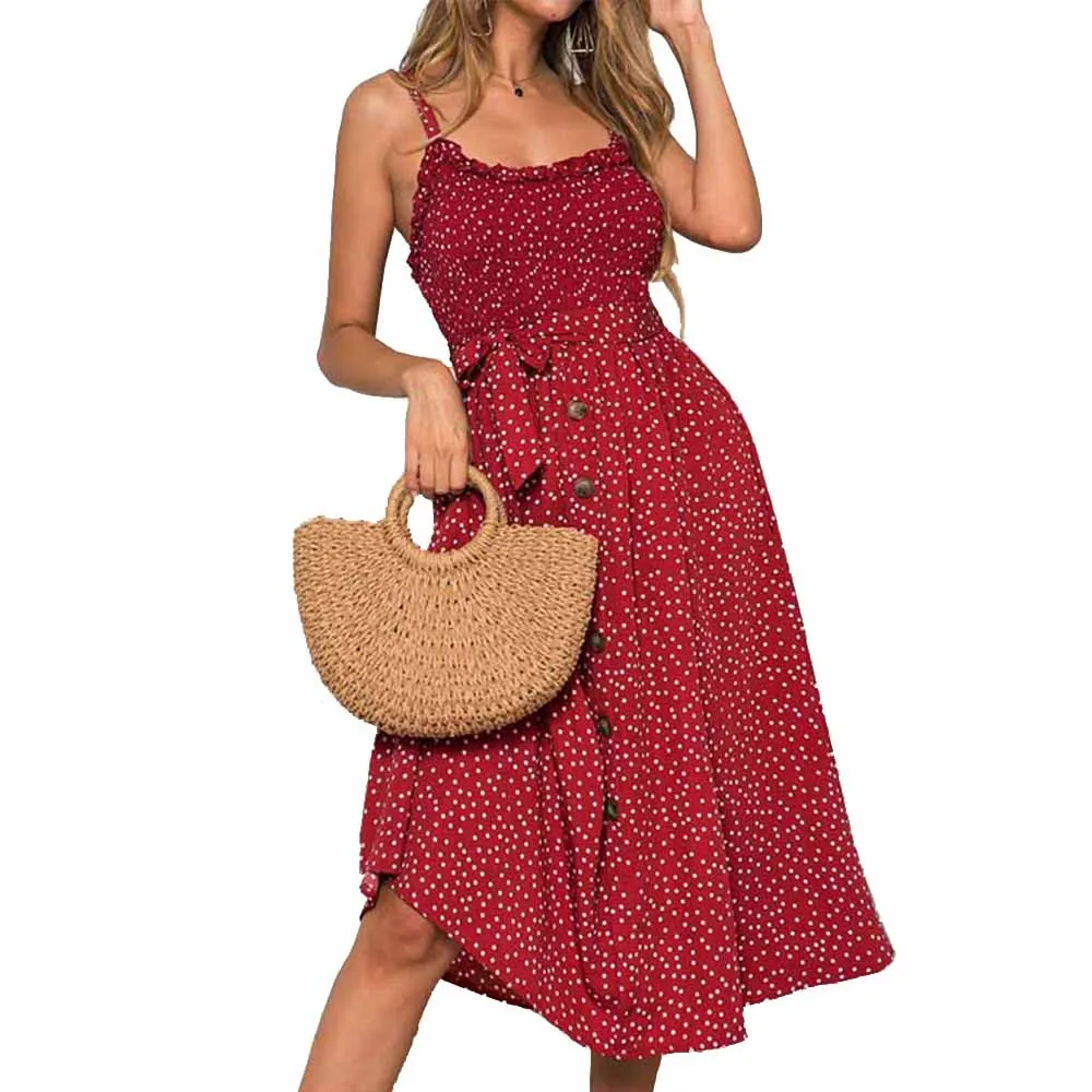 

Sexy Summer Sleeveless Slip Dress Women Strapless Bow Button Loose Bandage Pleated Polka Dot Sundress Casual Backless Vestidos