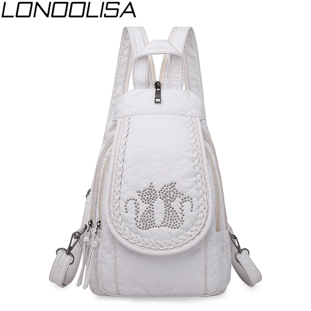New Ladies Soft Washed Leather Backpack 3-in-1 Cute Cat Women Bagpack Small Travel Backpack For Girls Sac a dos Mochila Feminina