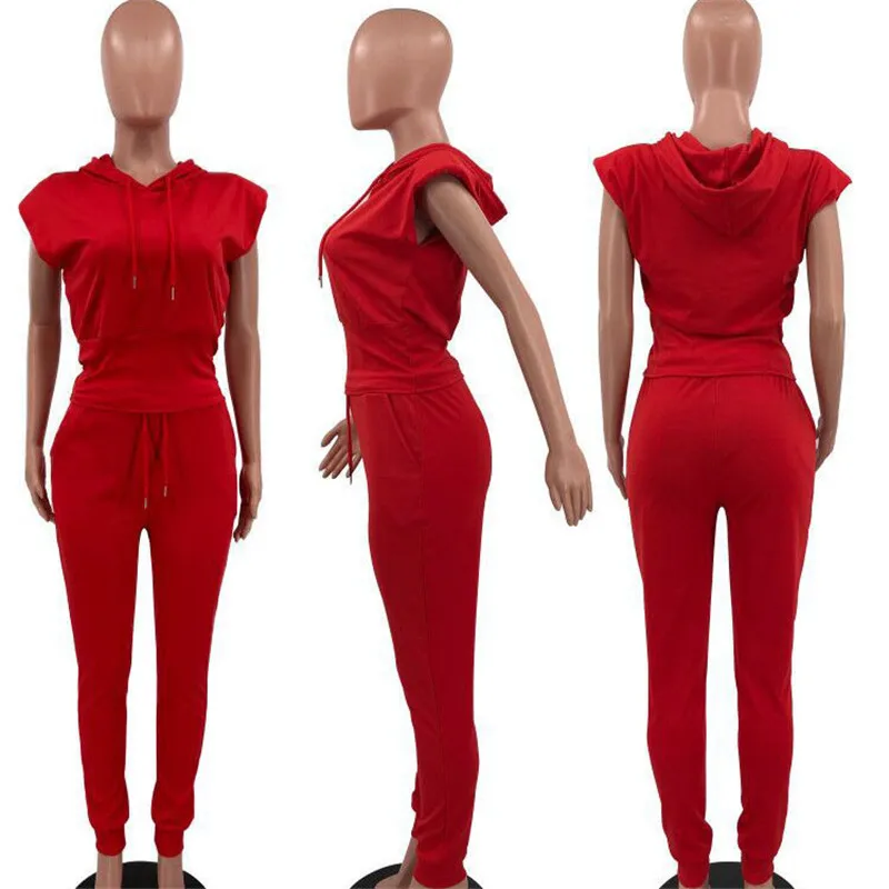 

WUHE Casual Women Outfits Sleeveless Off Shoulder Hooded Crop Top and Pockets Long Pants Sports Fitness Summer 2 Piece Sets