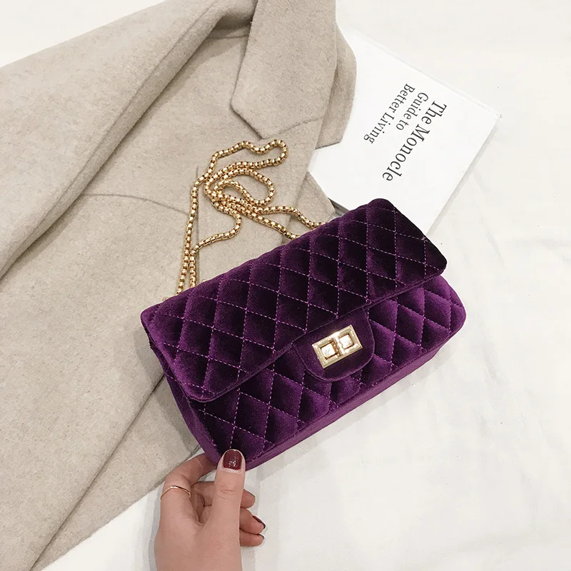 

Women Mini Flap Crossbody Bag with Chains Corduroy Purple Fashion Designer Plaid Shoulder Purse with Zipper for Lady