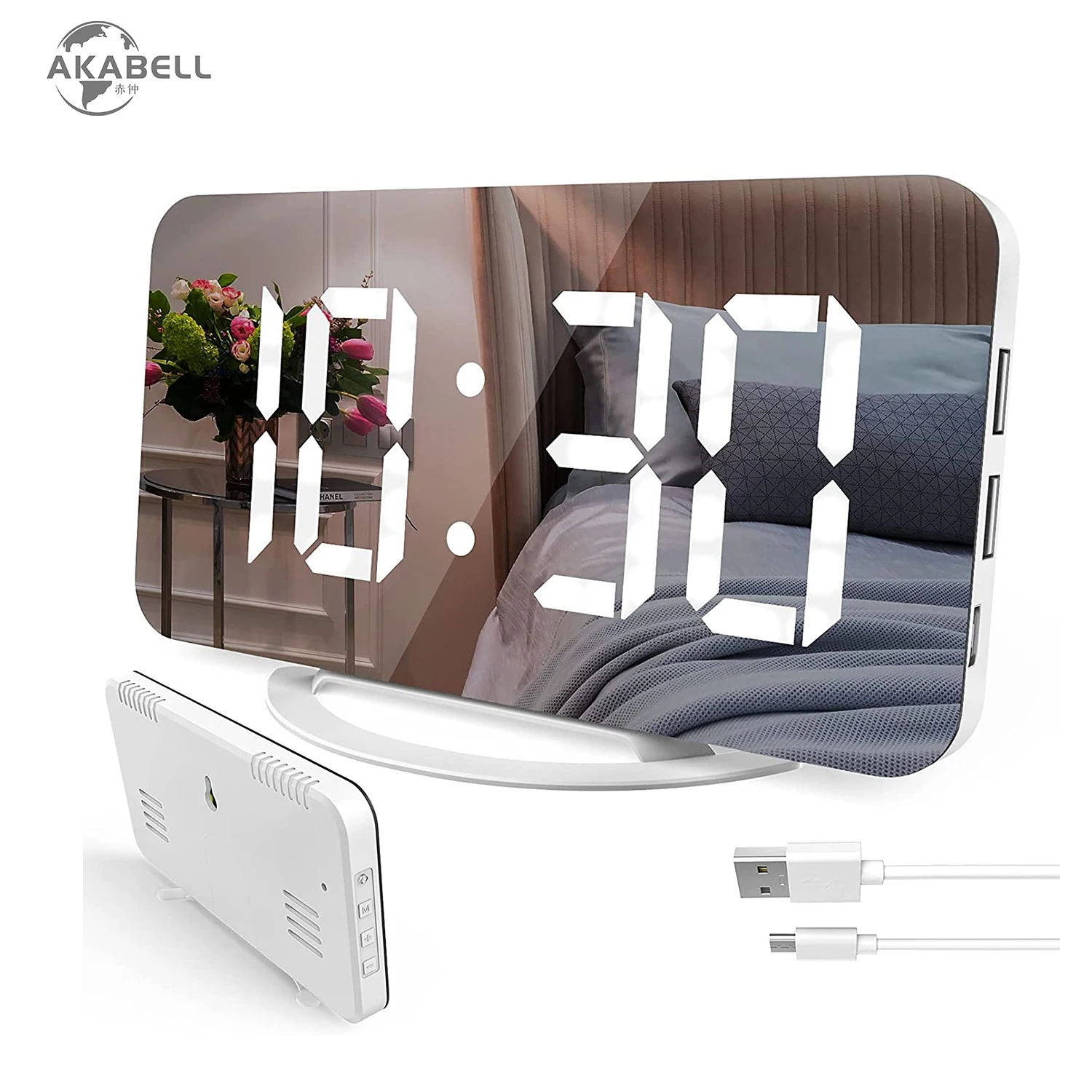 Часы-Будильник AKABELL цифровые, зеркальные, 7 дюймов, с двойным USB-разъемом - изображение