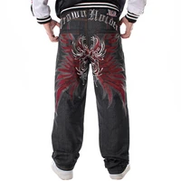 plus size waist 30 46 inch skateboard mens jeans wide leg loose hip hop embroidered flower wings male denim pants tide trousers
