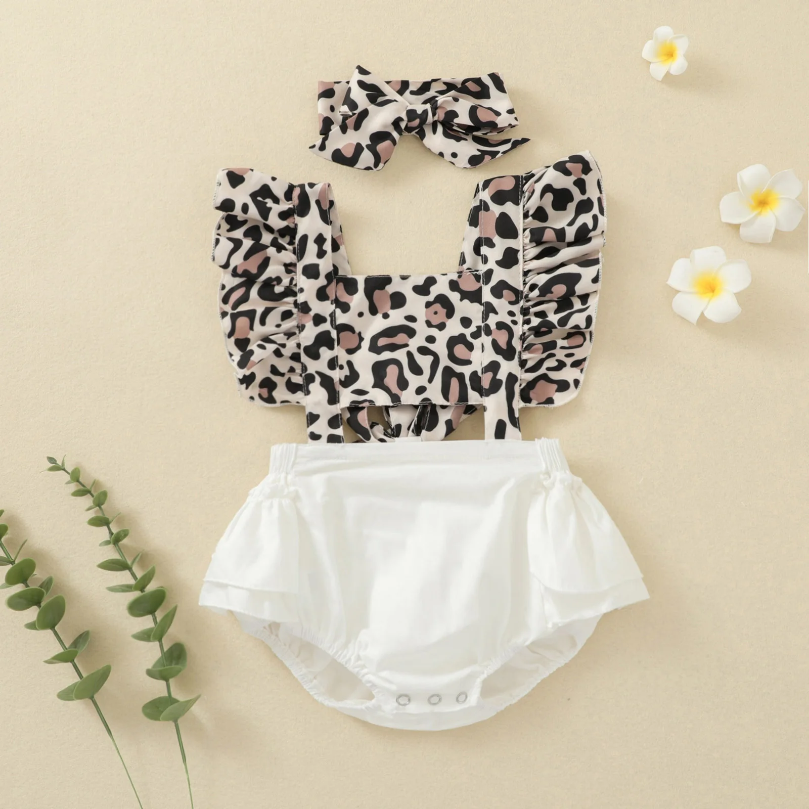 

2021 Baby Girls 2Pcs Summer Outfits, Cute Ruffle Sleeve Backless Leopard Romper with Headband Set