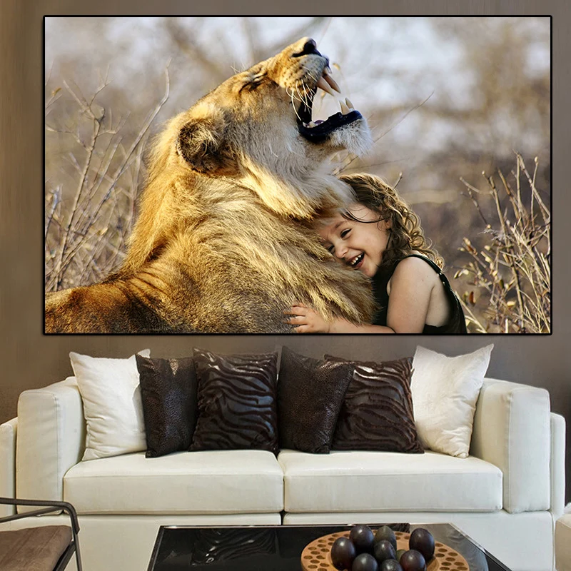 Современные животные пейзаж со львом и дитя картина маслом на холсте Плакаты