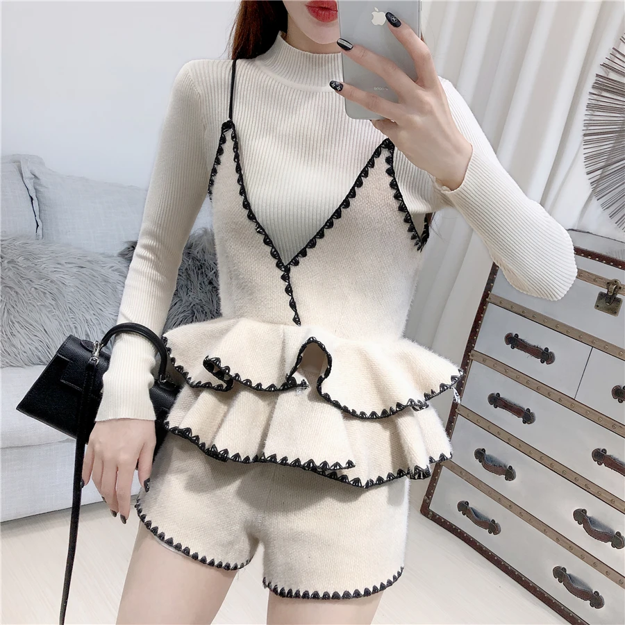 ALPHALMODA, вязаный свитер+ жилет с рюшами+ шорты, Женский Стильный костюм из 3 предметов, новинка, осенне-зимний модный комплект одежды