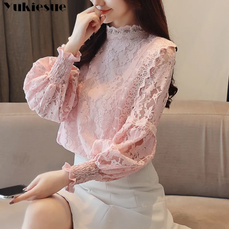 Женские Элегантные полые кружевная блузка рубашка 2021 Весенняя повседневная