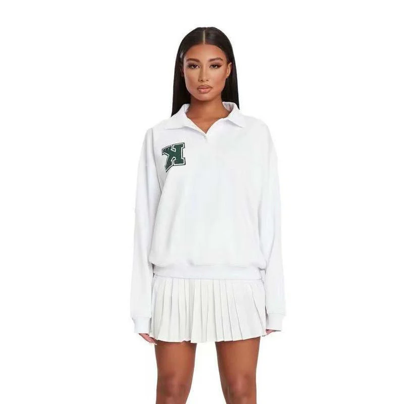 

Vintage White Polo Collar Letter Embroidery Oversized Sweatshirt Women Long Sleeve Pullovers Casual Hoodies Women Autumn Clothes