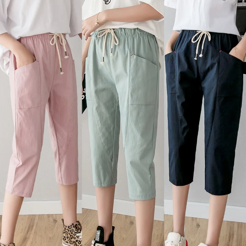 

Женские свободные брюки из хлопка и льна, ярко-розовые повседневные брюки с высокой талией и тонкой полосой пропускания, лето 2021