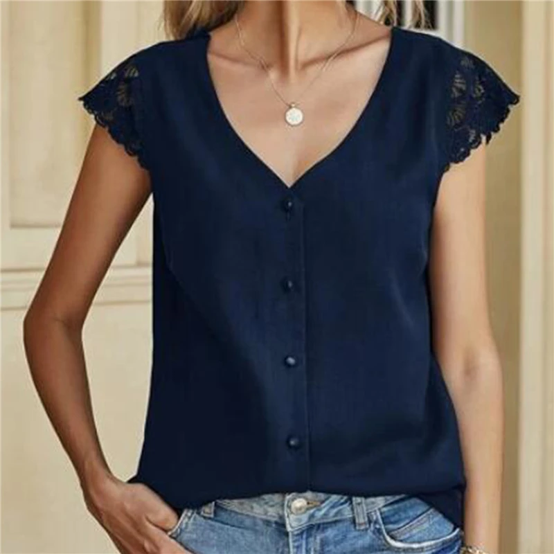 

Fashion Loose Blouse Women's Fashion Lace Short Sleeve Casual Vintage V-neck Solid Color Top Clothes For Women Femininas