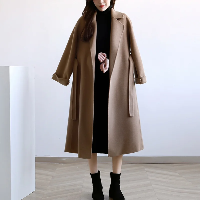 Женское двустороннее кашемировое пальто корейское свободное шерстяное средней