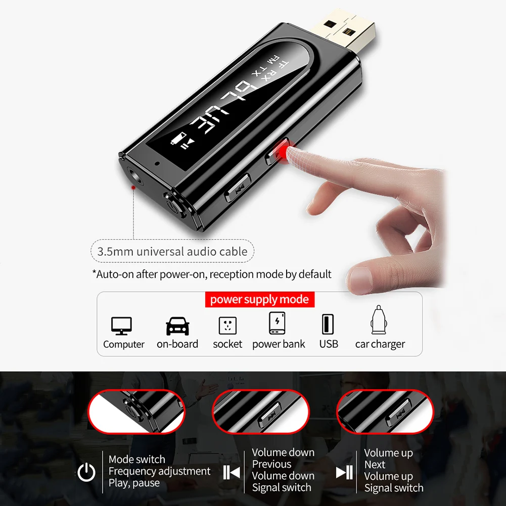 

Blue-tooth Transmitter and Receiver 6-in1 Wireless Blue-tooth Adapter Supports FM, Card Reader, Sound Card for TV， Stereo System