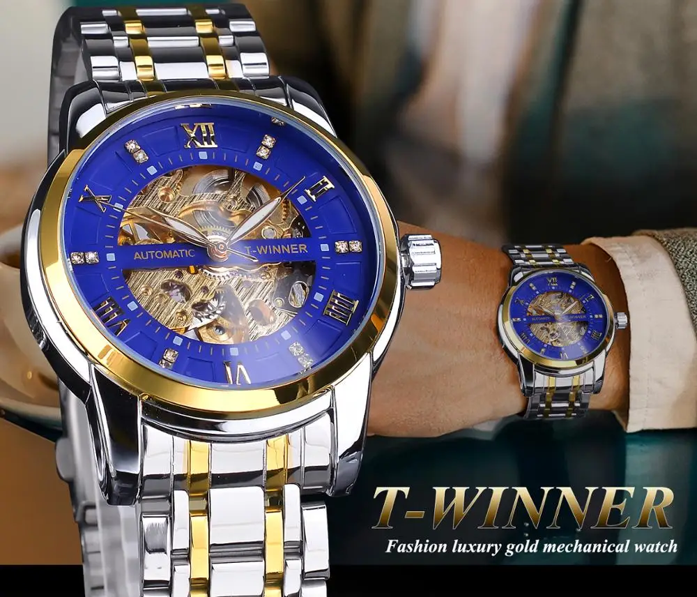 Winner Blue Golden Skeleton Diamond Мужские механические часы серебристые из нержавеющей стали