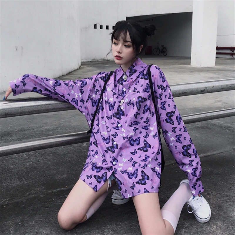 Повседневные женские топы и блузки Harajuku с длинным рукавом принтом уличная