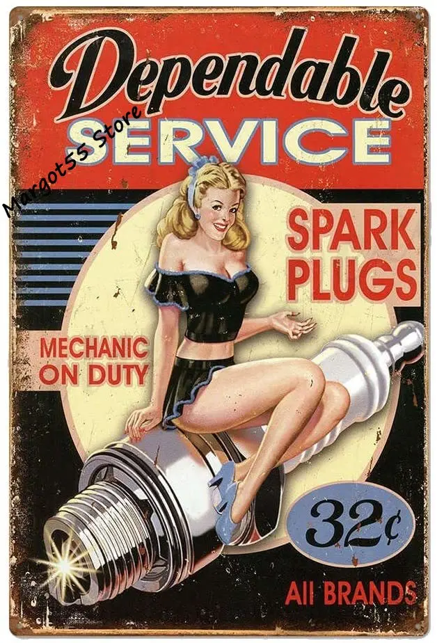 

Original Retro Design Dependable Service Spark Plugs Tin Metal Signs Wall Art Thick Tinplate Print Poster Wall Decoration