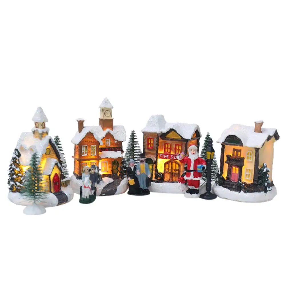 

10pcs/set Christmas Luminous House LED Light Up Santa Claus Village Resin Figurines Ornament New Year Home Party Scene Decor