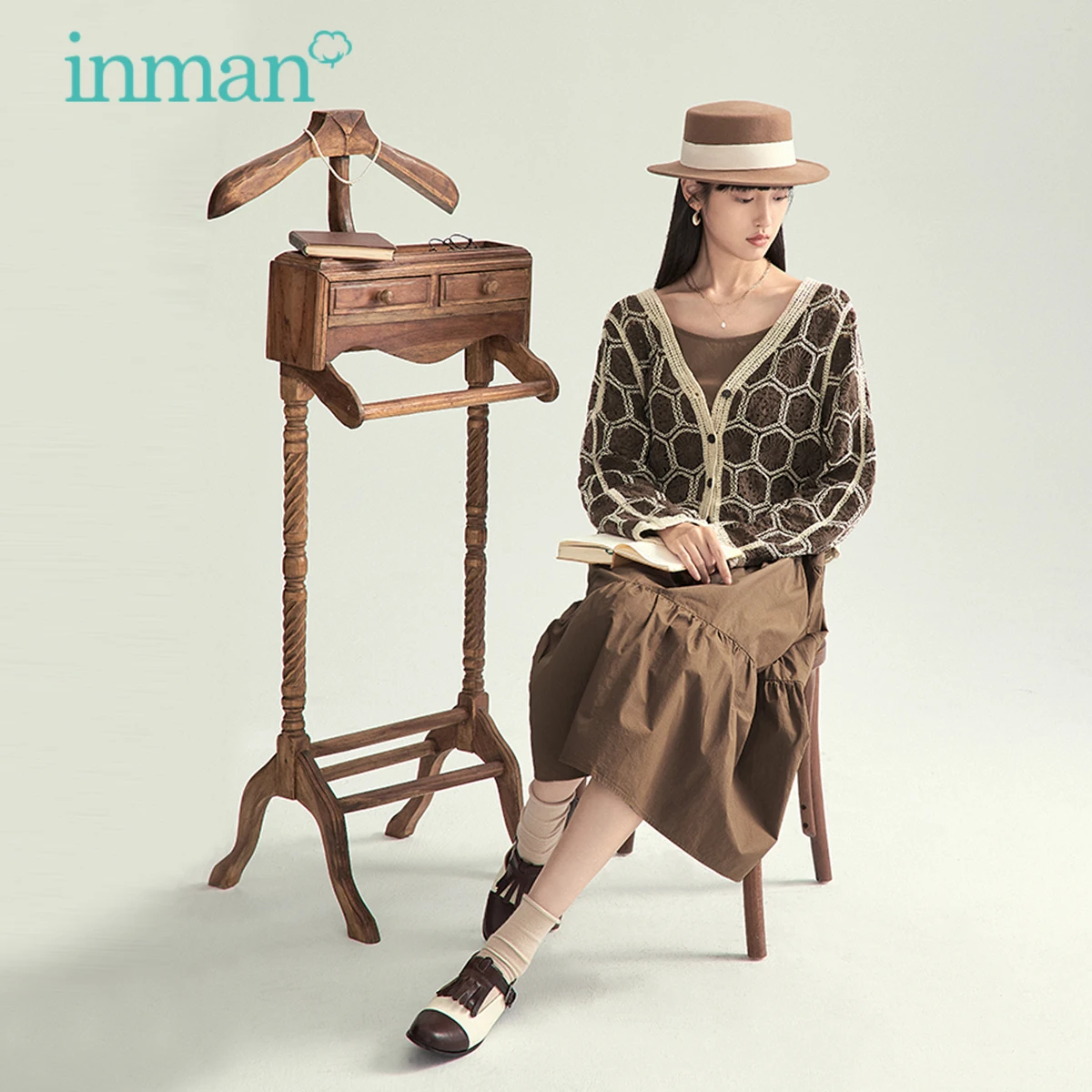

INMAN Autumn Women's Suspender Dress With Hollow Cardigan Design Literary Retro Style A-Line Brown Two-Piece