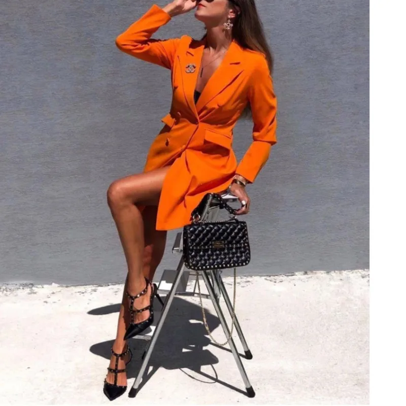 Оранжевый Блейзер миди платье женская одежда повседневная и многорядная пряжка