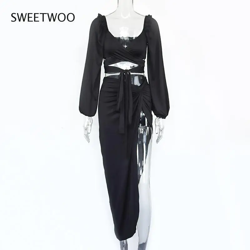 

Autumn Two Piece Set Women Long Lantern Sleeve Sexy Low Out Tie Up Crop Top Split Long Skirts Party 2 Piece Clothes
