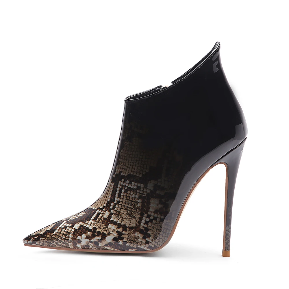 

BESCONE Stylish Ladies Ankle Boots Winter Sexy Pointed Toe Patent Leather Thin Heel Shoes Women Snake Pattern Zipper Boots BM347