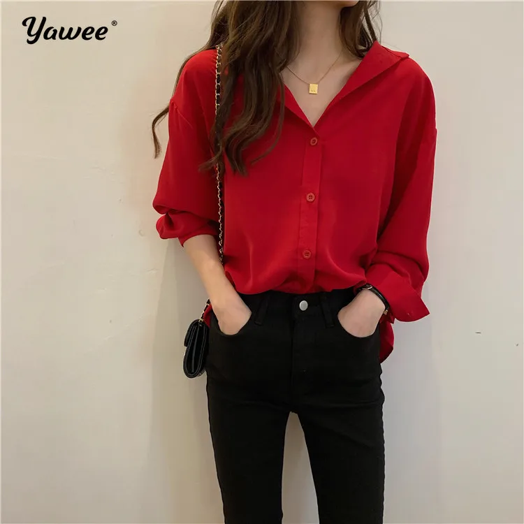 

solid red loose Women's Shirts Long Sleeves v-neck Korean Shirt Blouse Female 2021 Autumn Fashion New tops